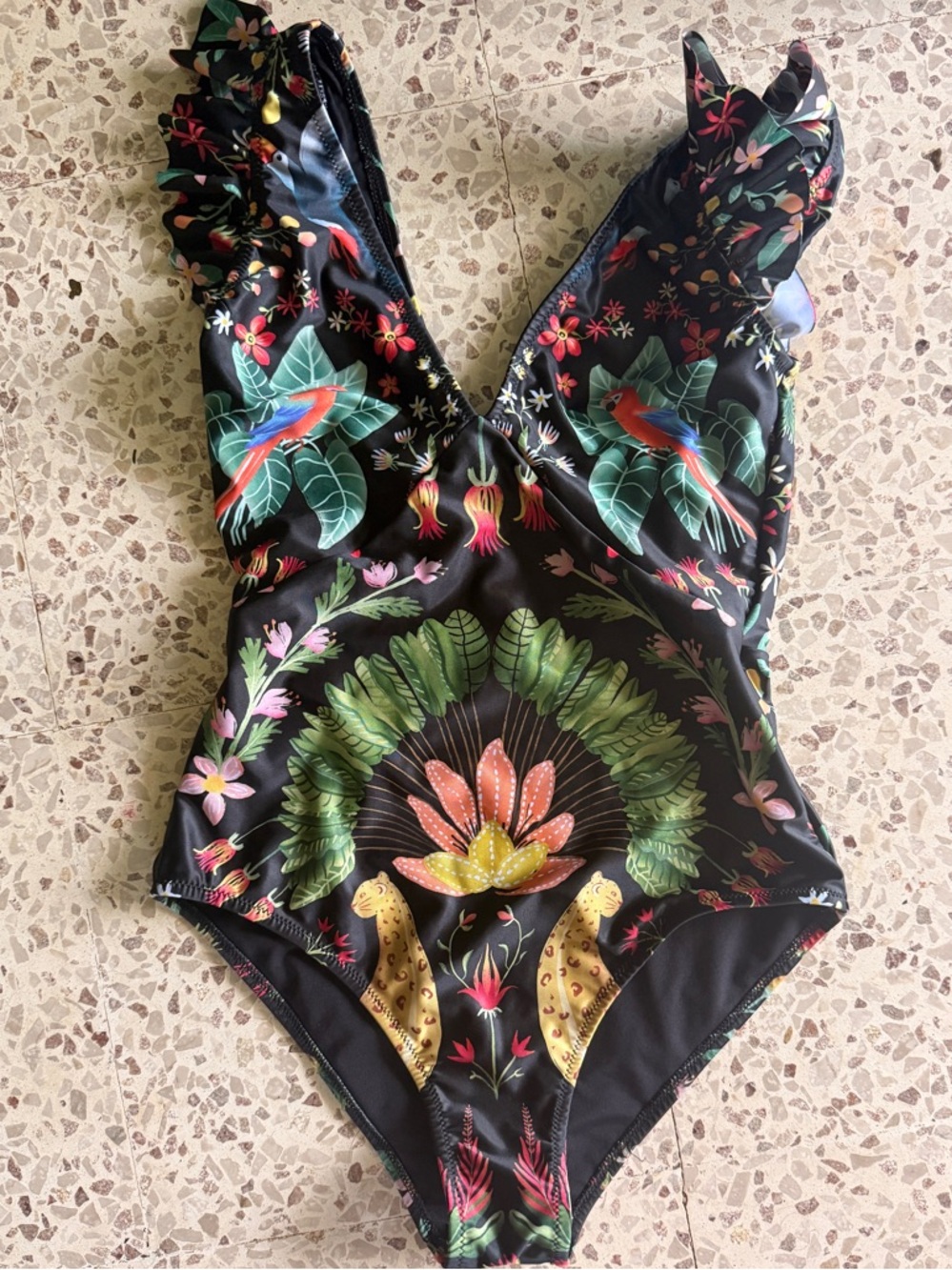 aerie Black Tropical Floral One-Piece Swimsuit